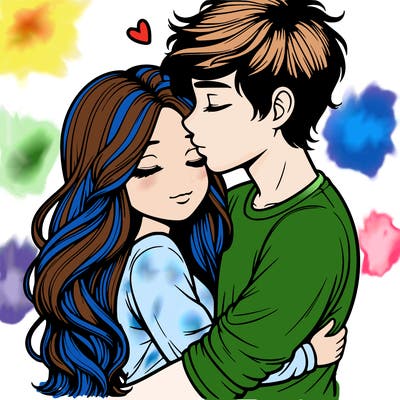 a realistic couple boy and girl hugging and kissing