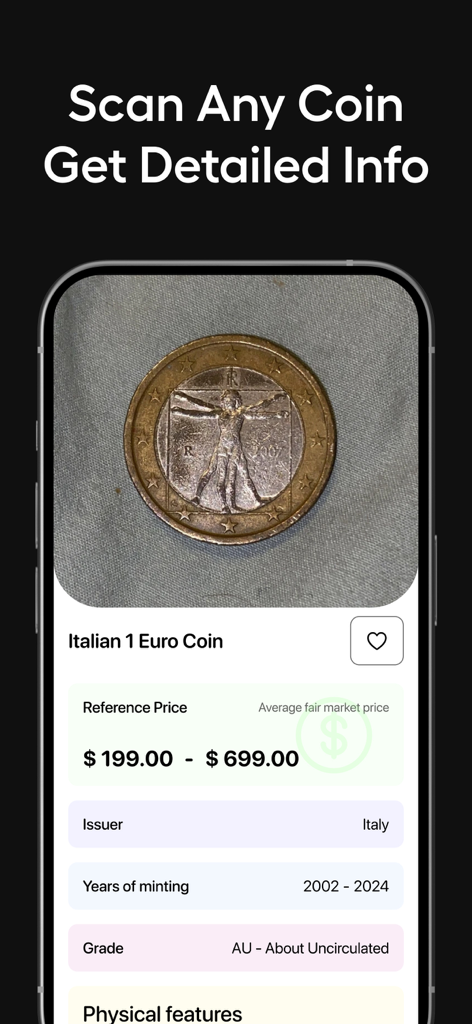 AI Lens & Identifier - AnyScan - Mobile app screen showing AI identification of an Italian 1 Euro coin with estimated market value and minting details