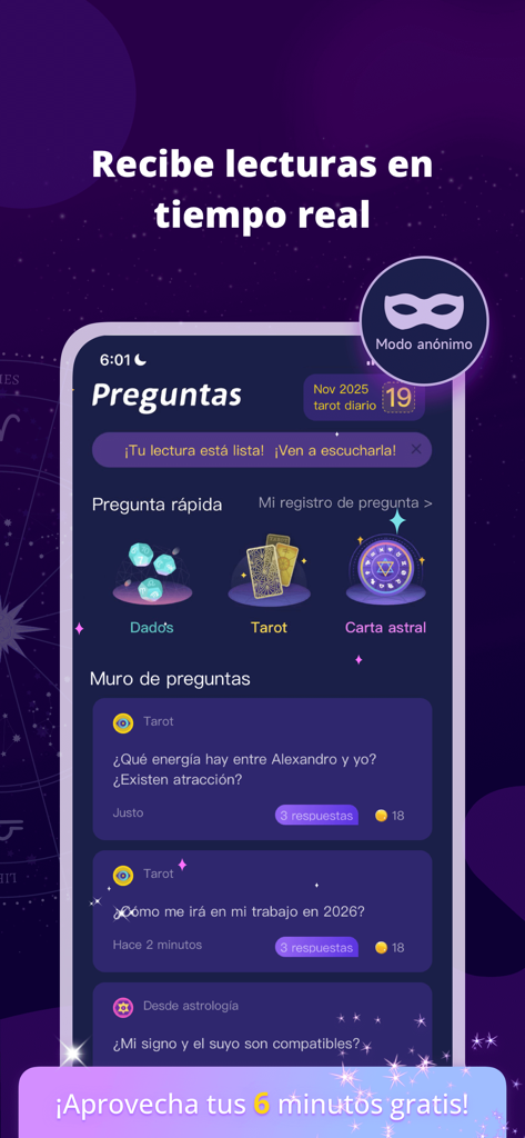 Salvia - Tarot & Videncia - Screenshot of Salvia tarot app interface featuring anonymous real time spiritual consultations in Spanish