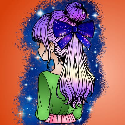 realistic girl  with hip length hair a bun and a big bow on the back of head