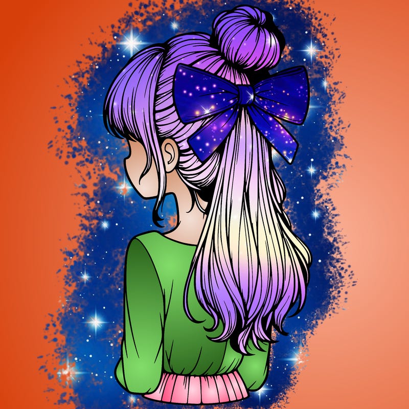 realistic girl  with hip length hair a bun and a big bow on the back of head