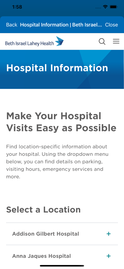 MyBILH app interface showing hospital information and a list of medical facility locations for Beth Israel Lahey Health