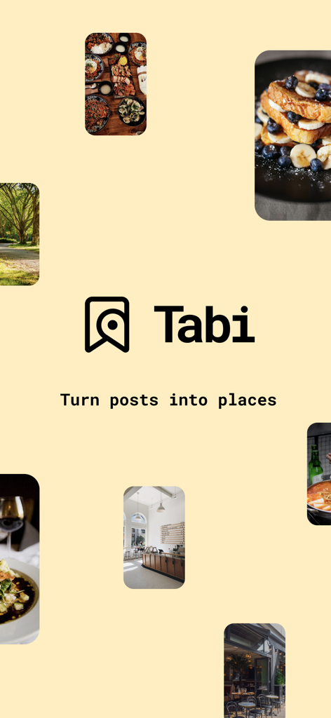 Logotipo y eslogan de la aplicación Tabi Convierte publicaciones en lugares con miniaturas de fotos de estilo de vida sobre un fondo amarillo
