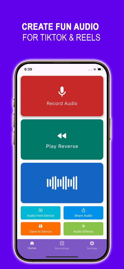 Reverse Singing Audio Trend - Main menu of the Reverse Singing Audio Trend app featuring tools to record and reverse audio for social media