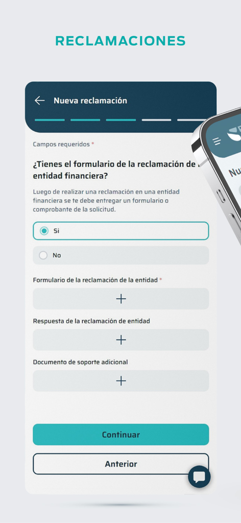 ProUsuario mobile app screen for filing a financial claim showing document upload fields and navigation buttons