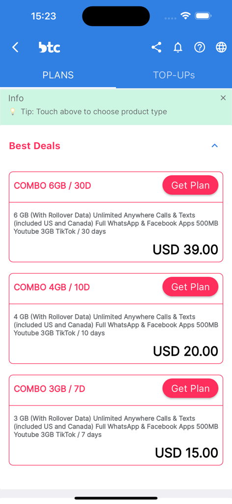 MyBTC - MyBTC mobile app screen displaying prepaid data and calling plan deals in USD