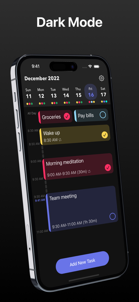 Daily Schedule Planner - MyDay - MyDay app interface showing a visual daily schedule in dark mode with color coded tasks