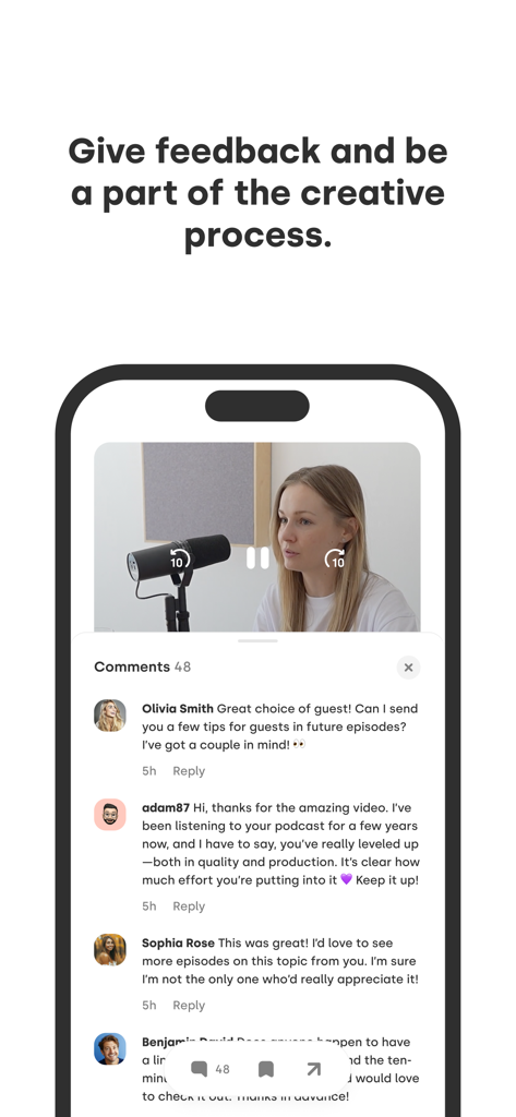 Herohero - Herohero app interface showing a podcast video and a community comment section for direct feedback to creators