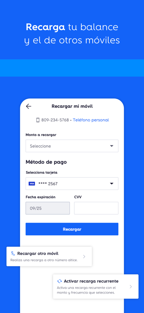 Pantalla de la aplicación Mi Altice que muestra opciones para recargar el saldo móvil y pagar otras cuentas móviles con tarjeta de crédito.