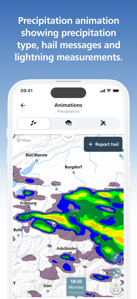 MeteoSwiss app precipitation animation showing a weather map of Switzerland