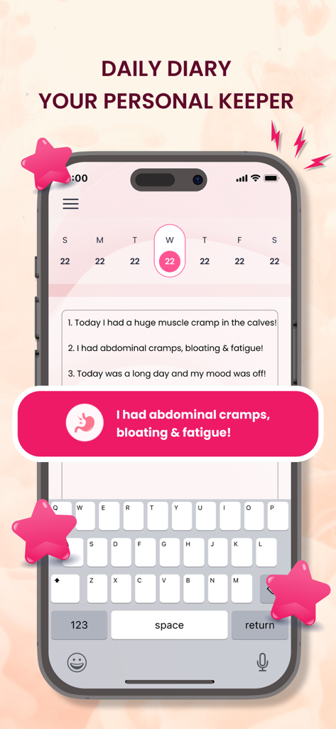 Ovulation & Fertility Tracker - Tela de diário de saúde diário em um aplicativo de fertilidade para registrar sintomas físicos e humor