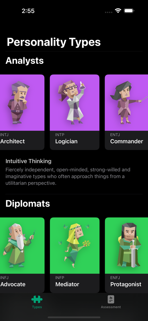 YourMyersBriggs - YourMyersBriggs app screen displaying a library of personality types categorized as Analysts and Diplomats