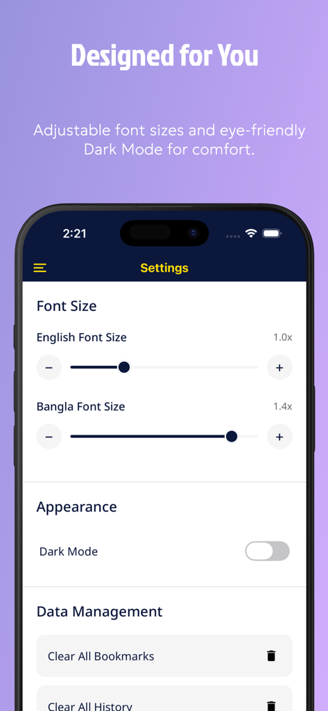 Bangla Dictionary: Translate + - Settings screen of the Bangla Dictionary app showing font size adjustments and dark mode toggle