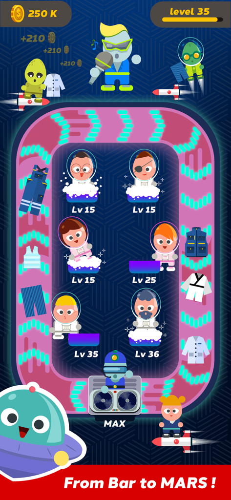 Laundry Idle - 우주 테마 레벨의 우주 비행사 직원들을 보여주는 Laundry Idle 게임 플레이