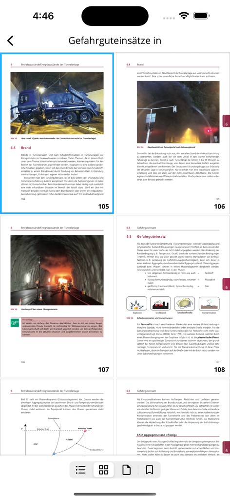 Digitale Fachzeitschriftenseiten zum Brandschutz mit Text, Diagrammen und Vorfallfotos