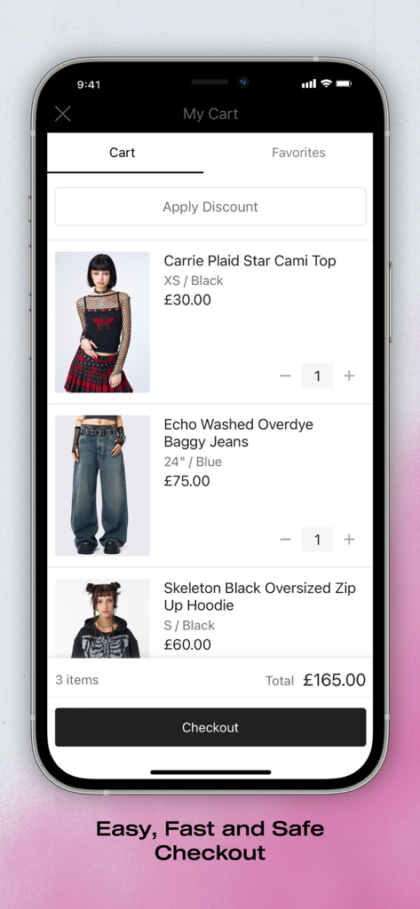 Minga London app shopping cart screen displaying alternative clothing items and checkout button.