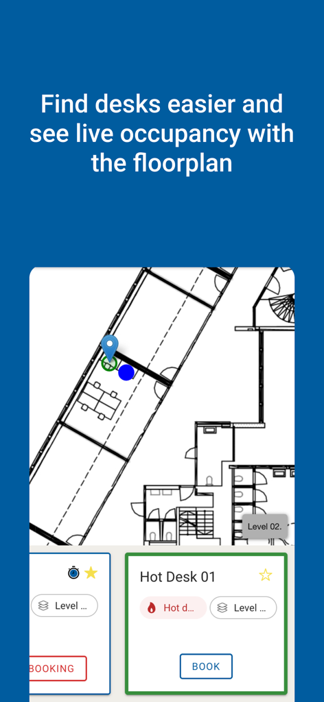 Areo Hybrid Work - La aplicación Areo Hybrid Work mostrando un plano de oficina interactivo con ocupación de escritorios en tiempo real y opciones de reserva de hot-desk.