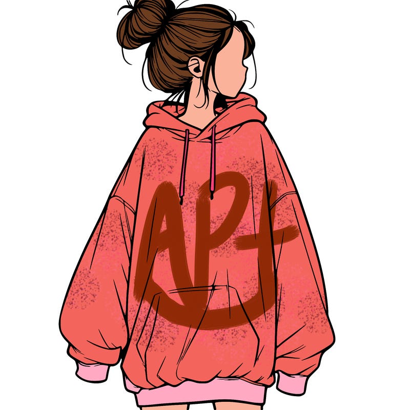 realistic girl with a oversized sweatshirt on and a bun