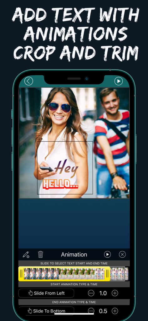 Video Editor Pro: Merge Videos - Mobile interface of the Video Editor Pro app showing animated text overlay and video cropping tools.