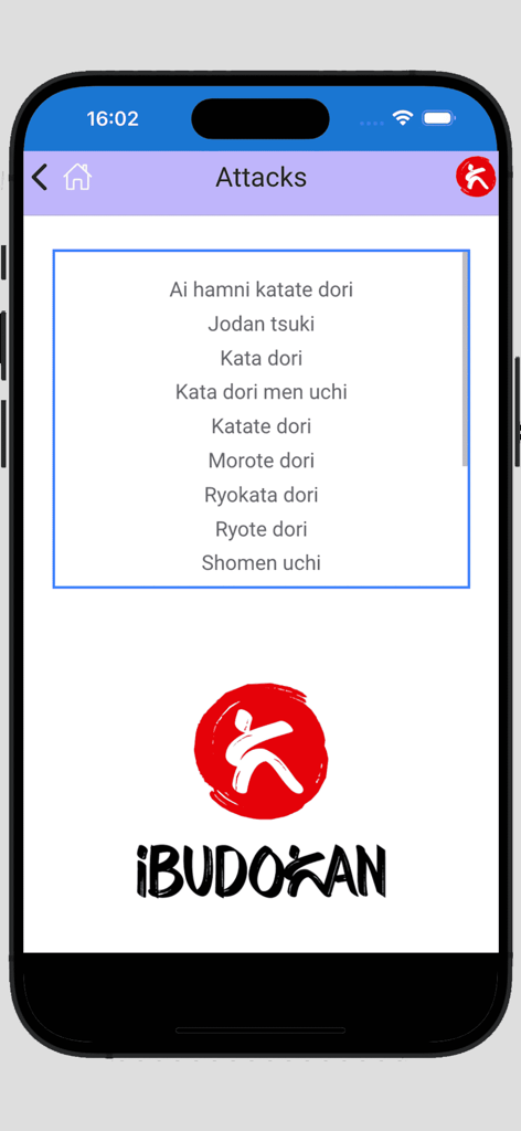 Mobile app screen displaying a list of Aikido attack techniques with the iBudokan logo