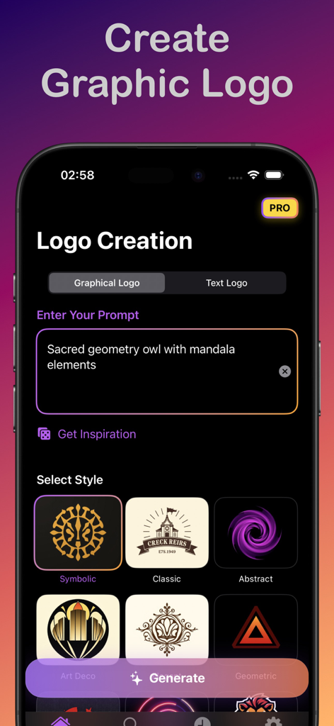 Vise AI - AI Logo Maker - Screenshot of Vise AI logo maker showing the prompt input field and various logo style selection options like symbolic and classic.