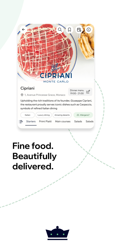 Mr Room Service - Mr Room Service mobile app screen featuring Cipriani Monte Carlo restaurant menu and luxury food delivery options in Monaco.
