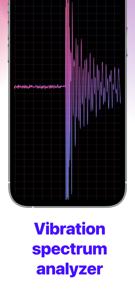 Sismo app screenshot showing a detailed vibration spectrum analyzer with a purple waveform on a grid background