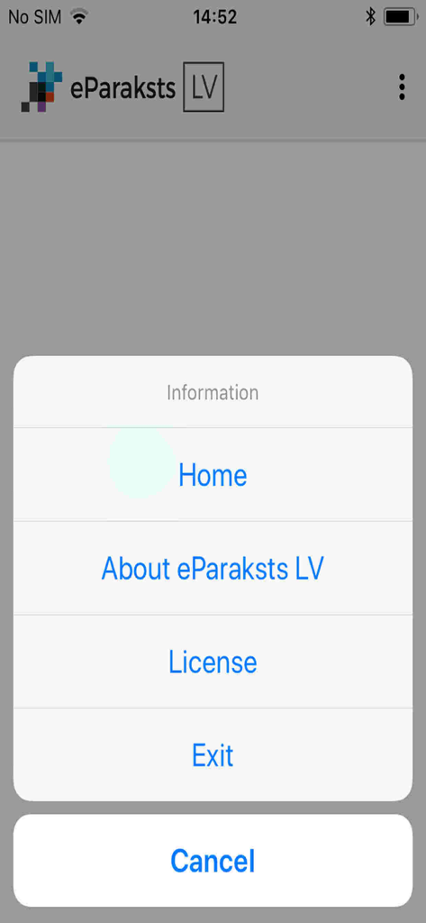 Information menu screen of the eParakstsLV app showing navigation and about options