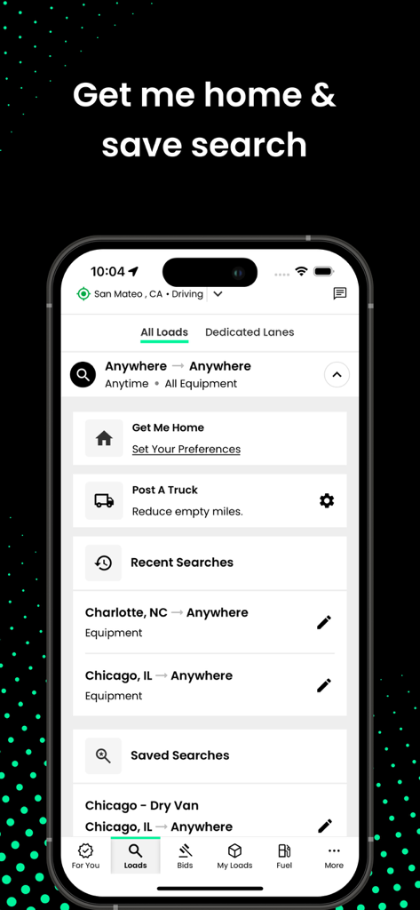 RXO Driveアプリのスクリーンショットで、ロードボードの検索オプションとGet Me Home機能が表示されています
