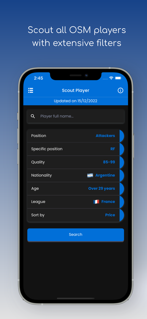 OSM Tactics, AI Tactics - OSM Tactics app Scout Player screen showing search filters for position, quality, and nationality