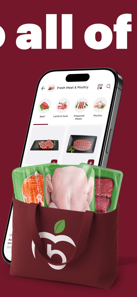 BaladiMart: Grocery - Smartphone displaying the BaladiMart app fresh meat categories next to a shopping bag filled with fresh chicken and beef