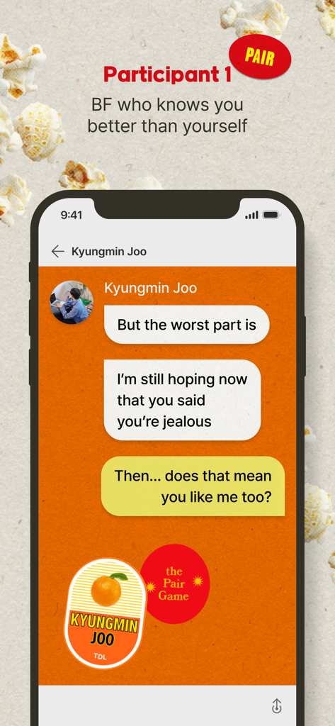 Picka: Virtual Messenger - A mobile screen from Picka Virtual Messenger showing a romantic chat conversation with character Kyungmin Joo on an orange background.