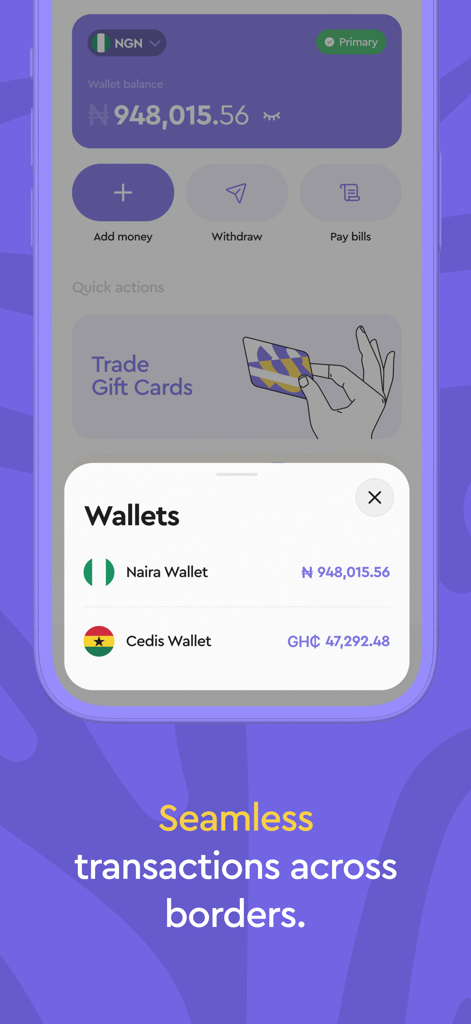 Ridima: Sell Gift Cards - Ridima app interface showing Naira and Cedis wallet balances for cross-border transactions.