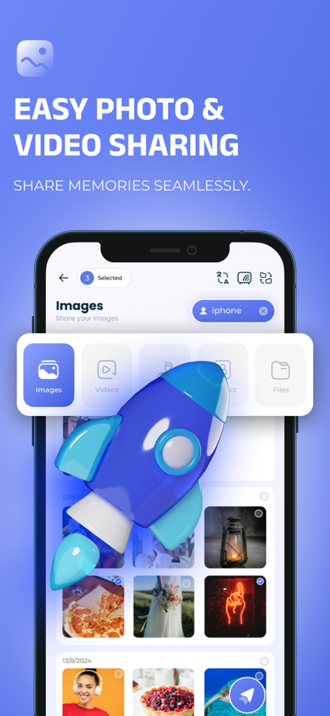 Interface de l'application Nearby Share montrant le partage facile de photos et de vidéos avec une icône de fusée représentant des transferts rapides