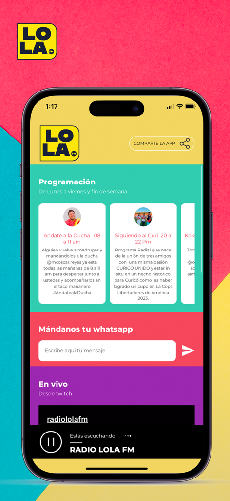 Radio Lola FM 104.3 - Radio Lola FM App-Oberfläche, die den wöchentlichen Programmplan und den Live-Radio-Player zeigt