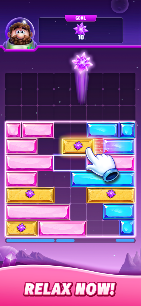 A hand sliding a colorful jewel block in a relaxing mobile puzzle game with a space theme.