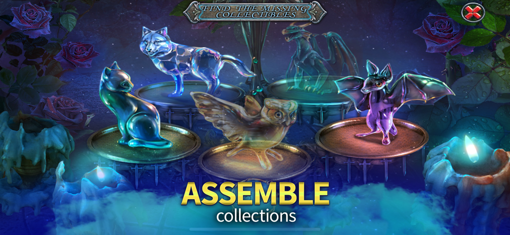 Kiss of the Night: F2P Mystery - Una colección de estatuas de animales de cristal brillante sobre pedestales en un juego de misterio gótico.