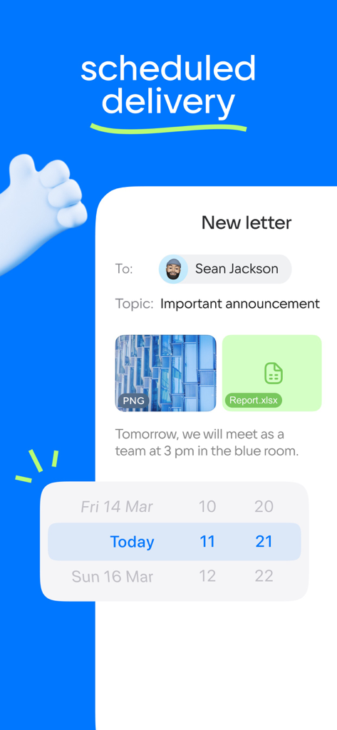 Interface for scheduling email delivery with a date and time picker in the Mail app.