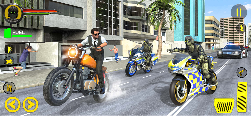 Police Bike Games: Bike Chase - Police officers on sports motorcycles chasing a suspect through city streets in a mobile game simulation.