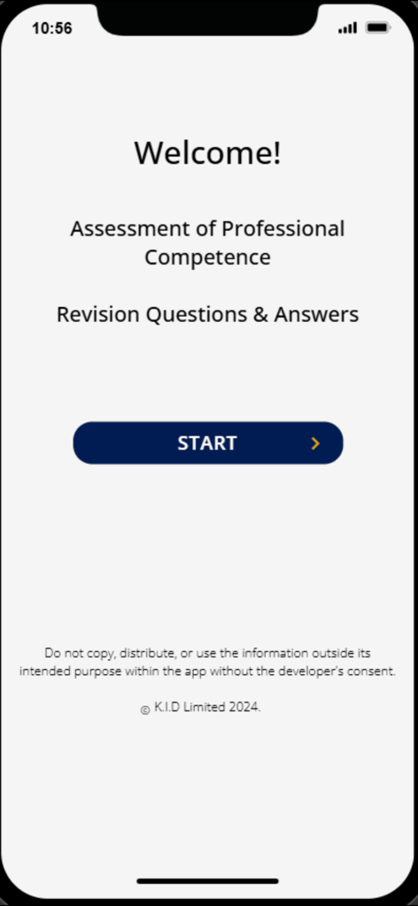 Pantalla de bienvenida de la aplicación RICS APC Revision para el estudio de la evaluación de competencias profesionales