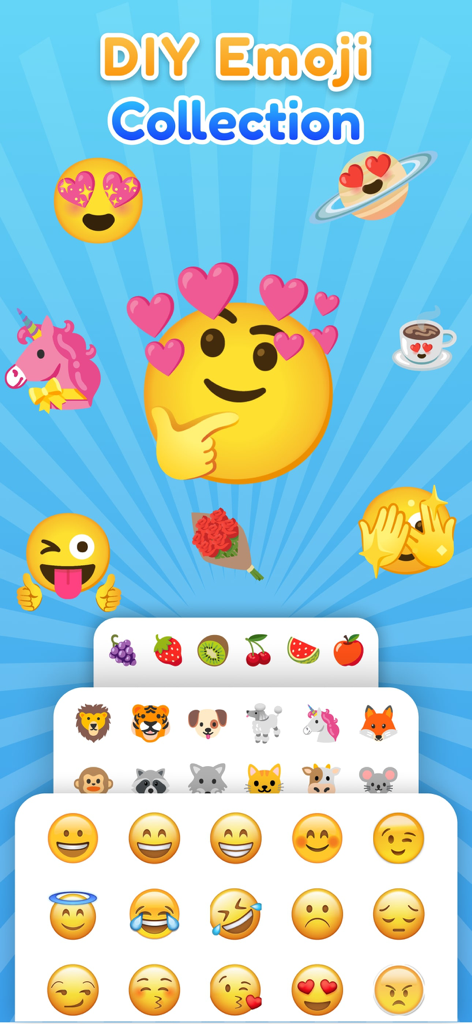 Emoji Merge & Mix Emoji Maker - Una pantalla promocional de Emoji Merge y Mix que muestra varios emojis combinados personalizados y una biblioteca de caras, animales y frutas para elegir.
