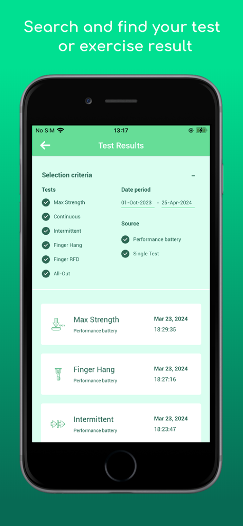 Climbro - Mobile app interface showing climbing test results with filtering options for strength and endurance metrics