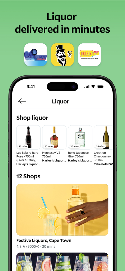 Mr D - Groceries & Takeaway - Mr D app interface showing liquor delivery options from various South African stores