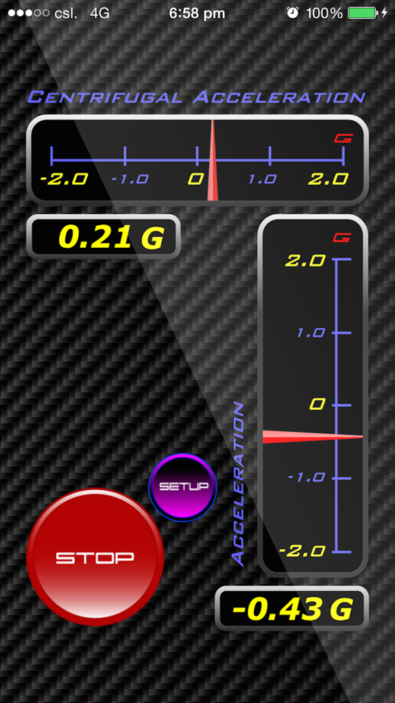 G FORCE app interface with centrifugal and longitudinal acceleration gauges