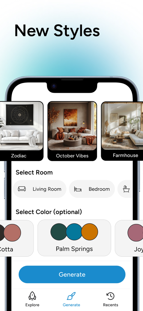 Interfaz de la aplicación Diseño de Interiores con IA que muestra opciones de estilo de interiores, incluyendo Zodiac, Vibras de Octubre y Rústico, con selección de habitación y color.