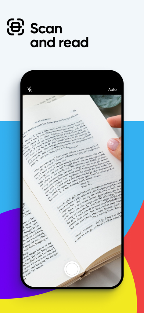 Voice Aloud Reader - Voice Aloud Reader mobile app scanning a printed book to read it aloud using text to speech technology.