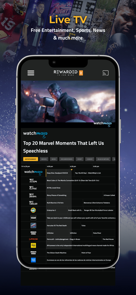 RewardedTV - It Pays to Watch! - Smartphone displaying RewardedTV app live channel guide and video player