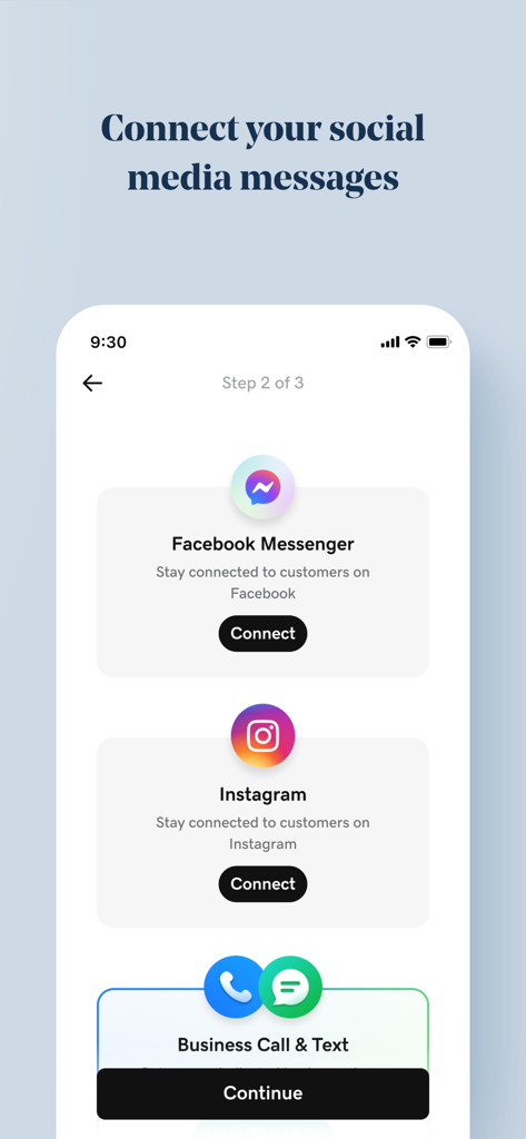Setup screen to connect Facebook Messenger and Instagram to the GoDaddy Conversations unified inbox