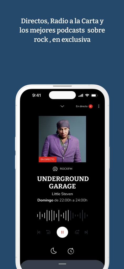 Una pantalla de smartphone mostrando el reproductor de la app Radio Rock FM para el programa Underground Garage con Little Steven