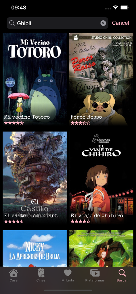 Pelis del Día - Una página de resultados de búsqueda en la aplicación Pelis del Dia que muestra una colección de películas de Studio Ghibli en español